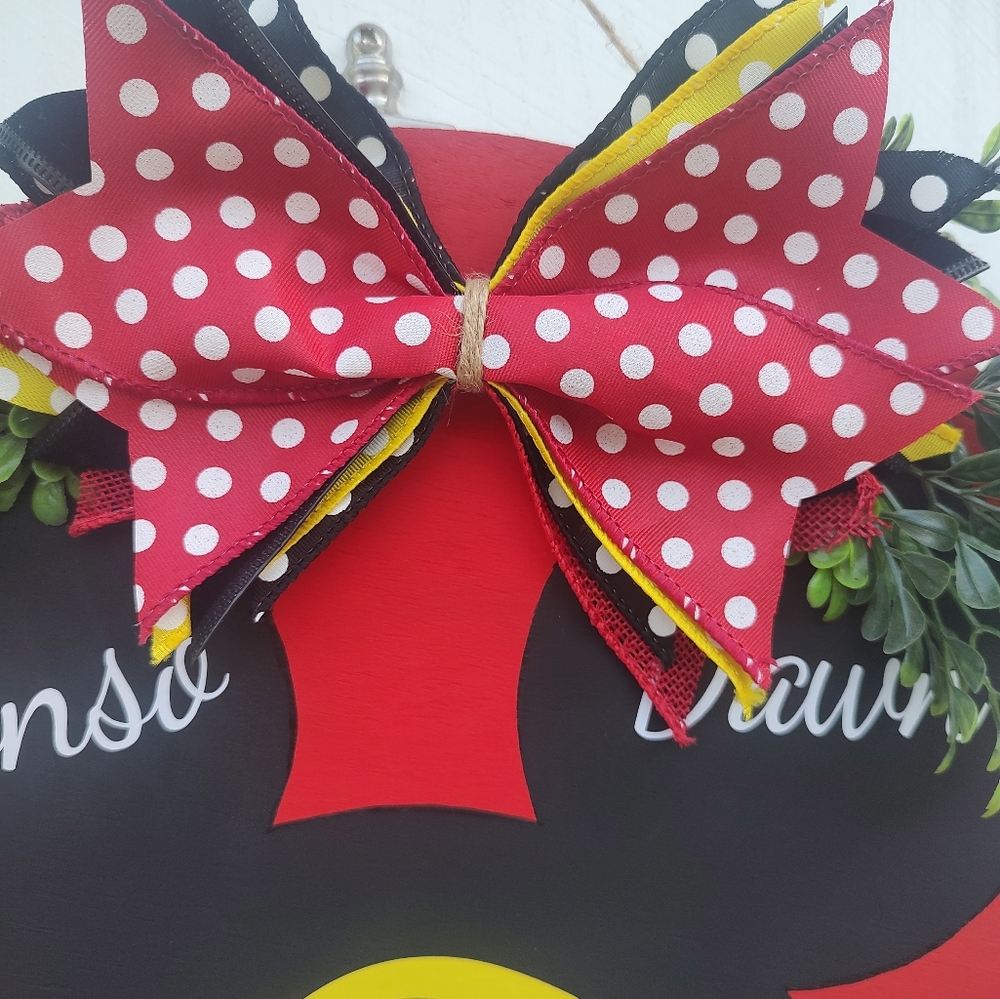 14in Personalized Mickey Mouse Wooden Farmhouse Door Hanger Sign with Greenery - Picture 4 of 6
